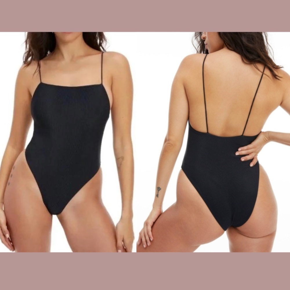 NEW $89 GOOD AMERICAN [ 2 IN GA ] '90s Rib One-piece Swimsuit In Black‎